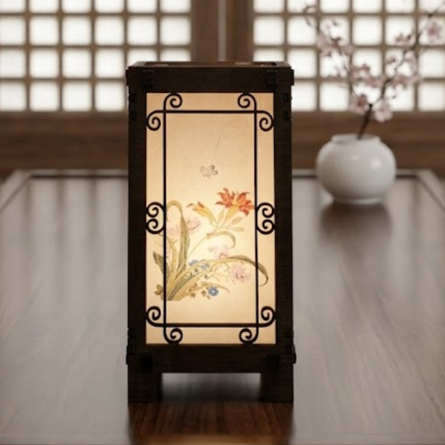 Floral Korean Lantern Lamp - 4x4x8 H