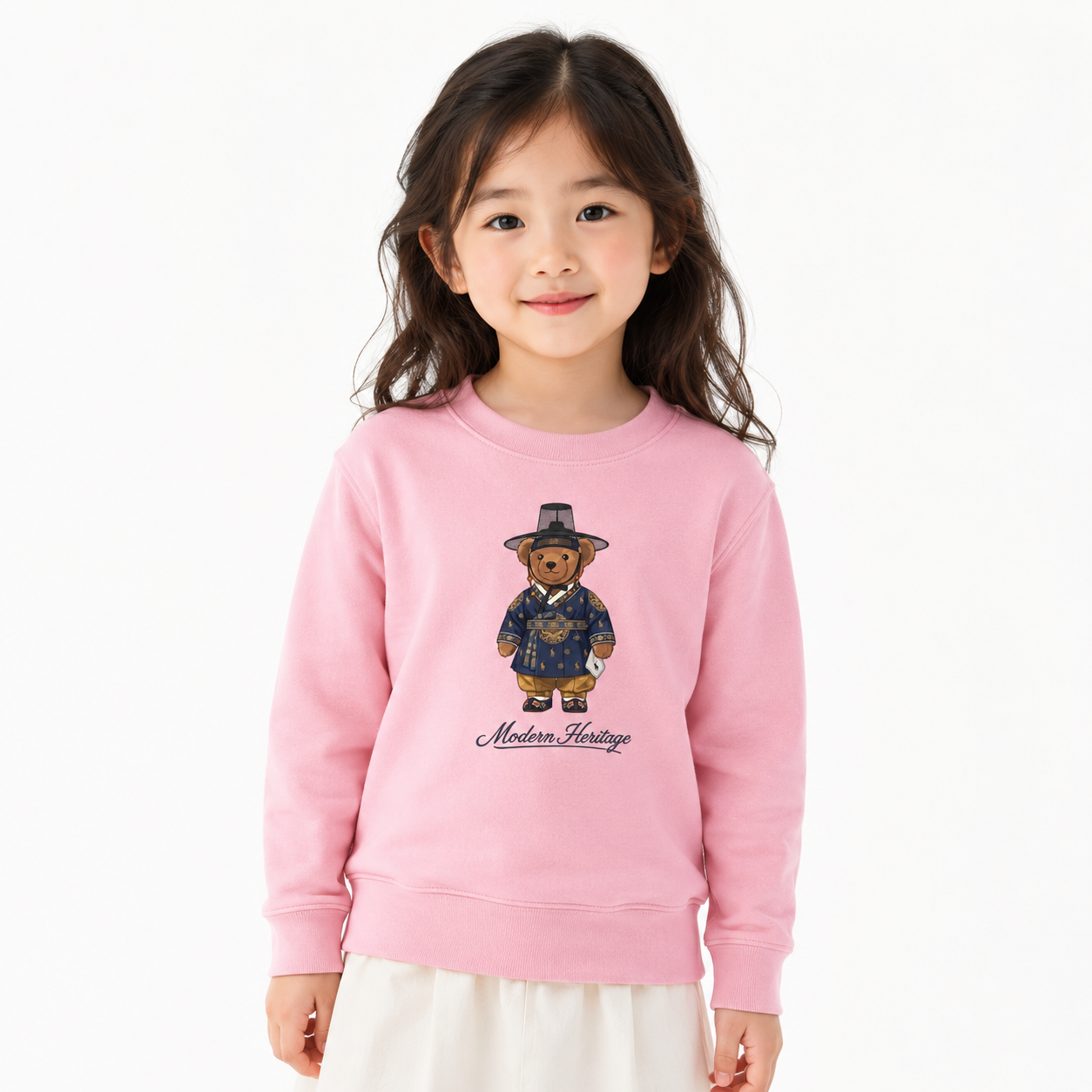 [Youth] Korean Hanbok Teddy Bear Toddler Fleece Crewneck Sweatshirt - Natural/Pink