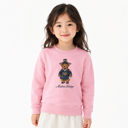 [Youth] Korean Hanbok Teddy Bear Toddler Fleece Crewneck Sweatshirt - Natural/Pink