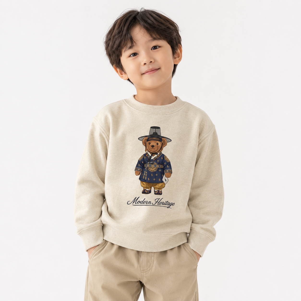 [Youth] Korean Hanbok Teddy Bear Toddler Fleece Crewneck Sweatshirt - Natural/Pink