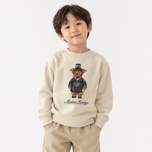 [Youth] Korean Hanbok Teddy Bear Toddler Fleece Crewneck Sweatshirt - Natural/Pink