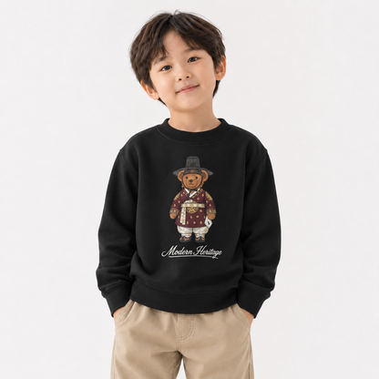 [Youth] Korean Hanbok Teddy Bear Toddler Fleece Crewneck Sweatshirt - Black/Navy