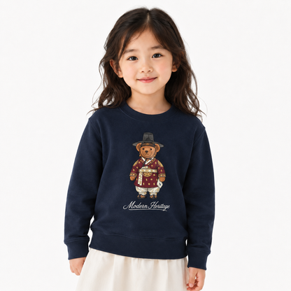 [Youth] Korean Hanbok Teddy Bear Toddler Fleece Crewneck Sweatshirt - Black/Navy