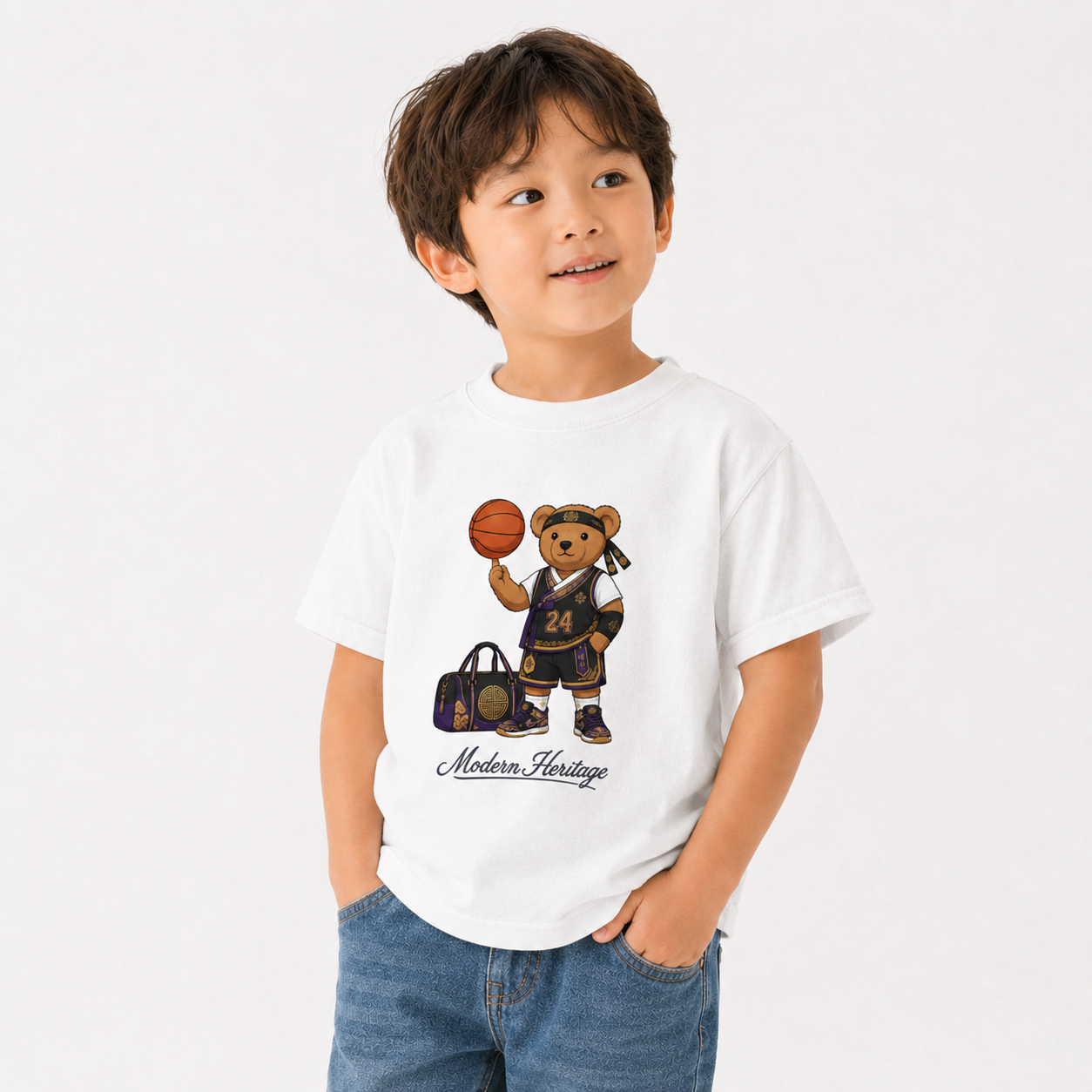 [Youth] Lakers-Inspired Korean Heritage Teddy Bear Basketball T-Shirt